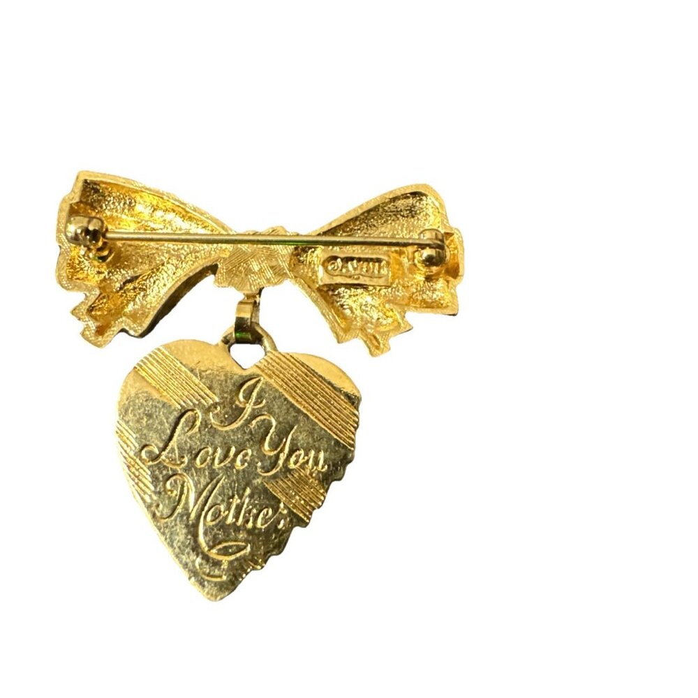 Vintage Avon Love You Mother Heart Pendant Brooch Bow Shape Lapel Pin Gold Tone - Picture 2 of 2